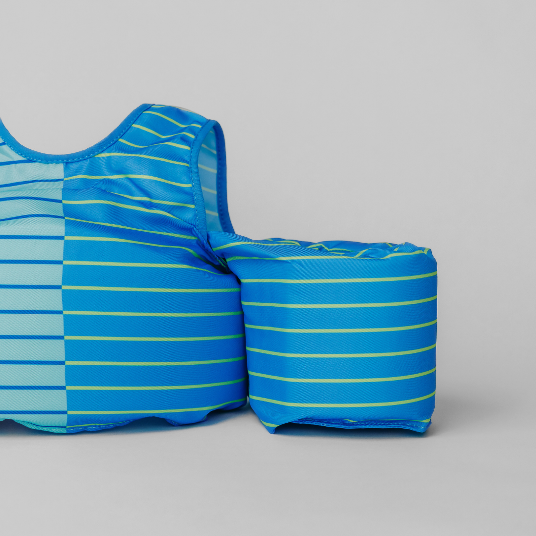 Close-up of Blue Lemonade Stripe kids swim float with blue striped arm wing