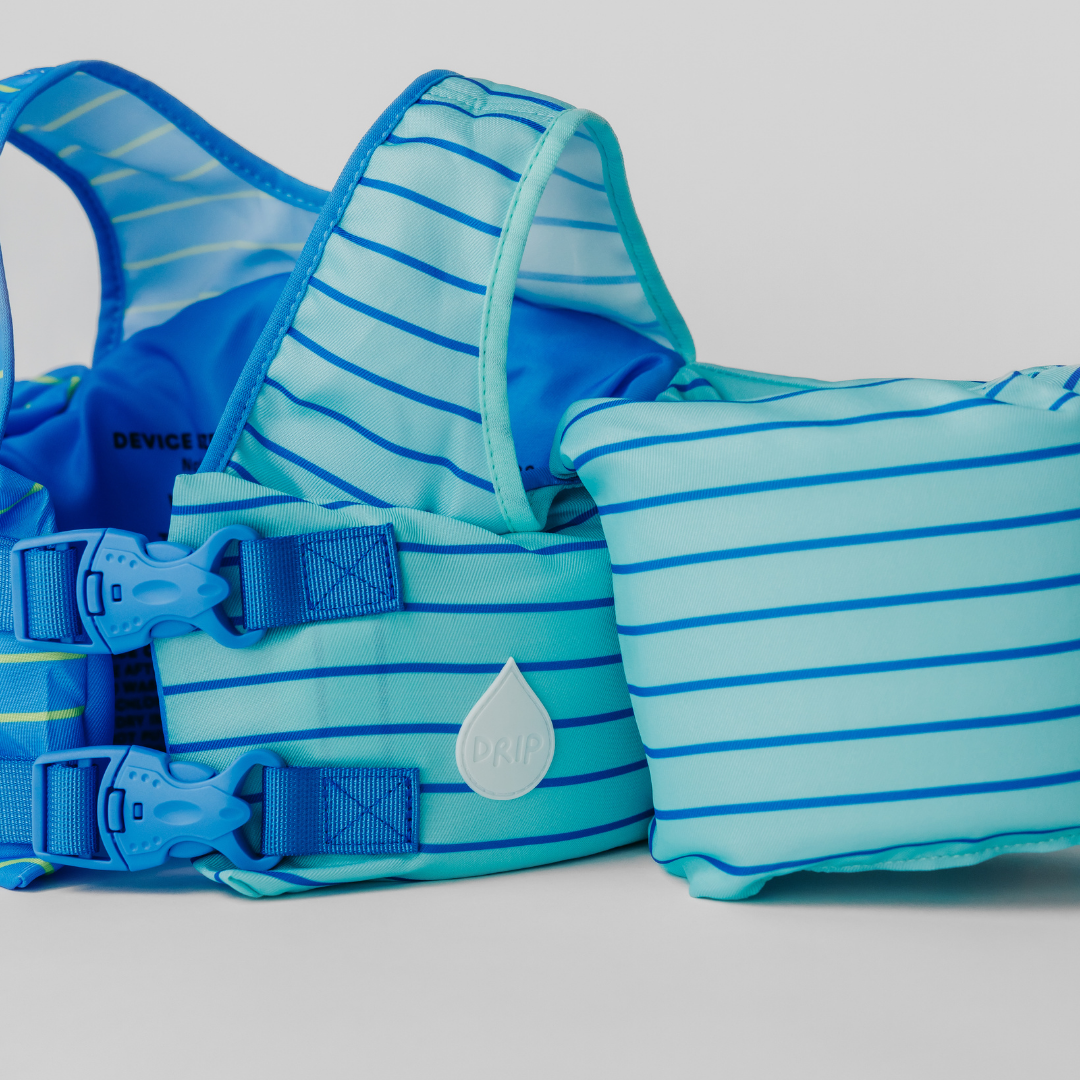 Back view of Blue Lemonade Stripe kids swim float with adjustable straps and double buckles