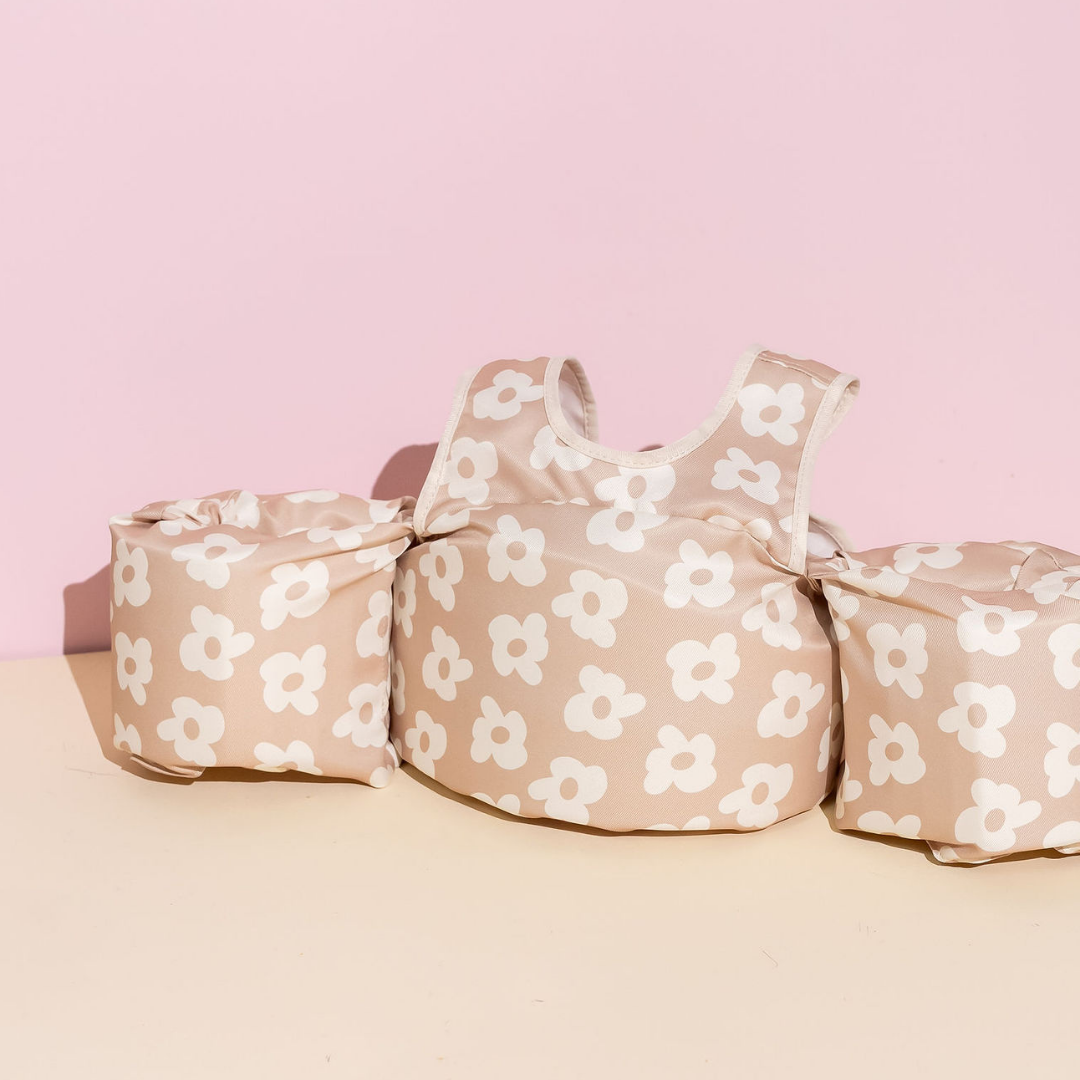 Flower Power neutral floral kids float with arm floats on pink background