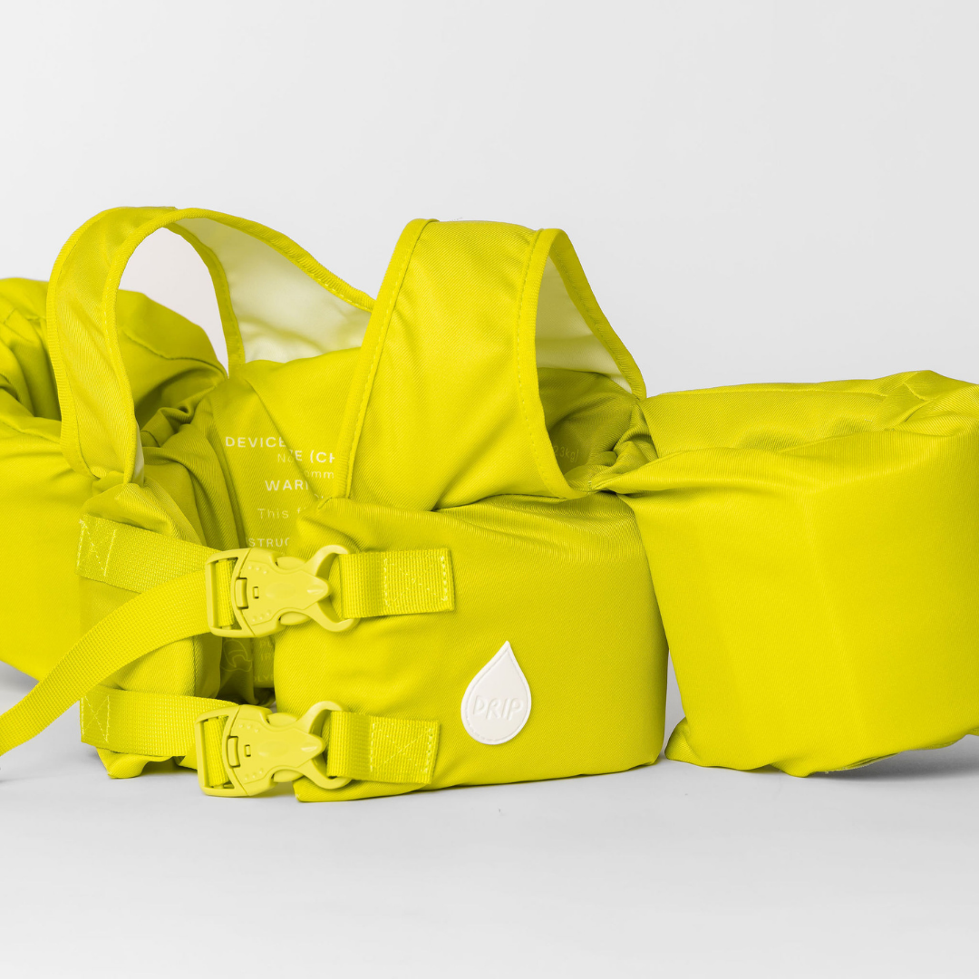 Lemon Lime kids swim float with adjustable double buckle straps and arm wing
