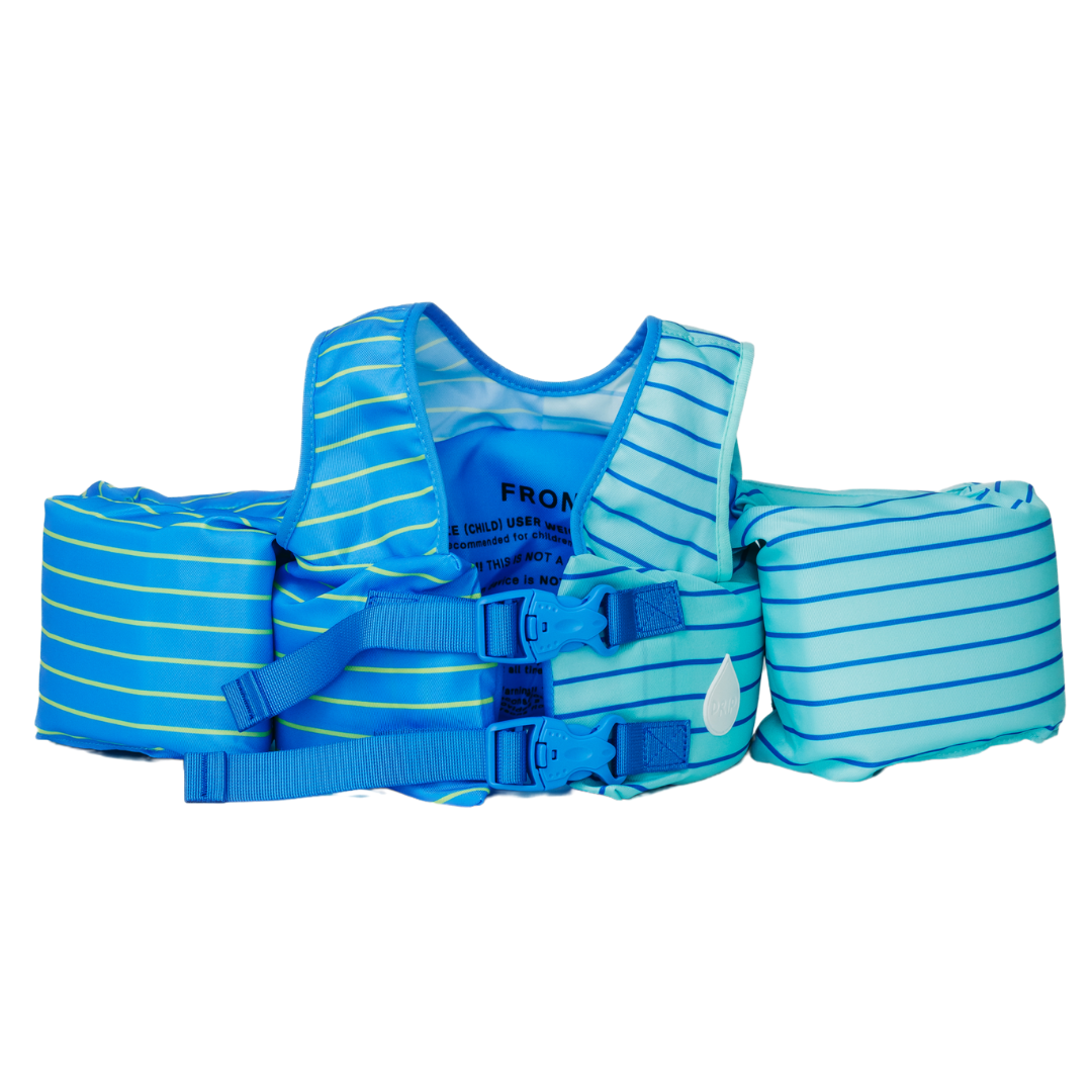 Back view of Blue Lemonade Stripe kids swim float with shoulder straps and double adjustable buckles
