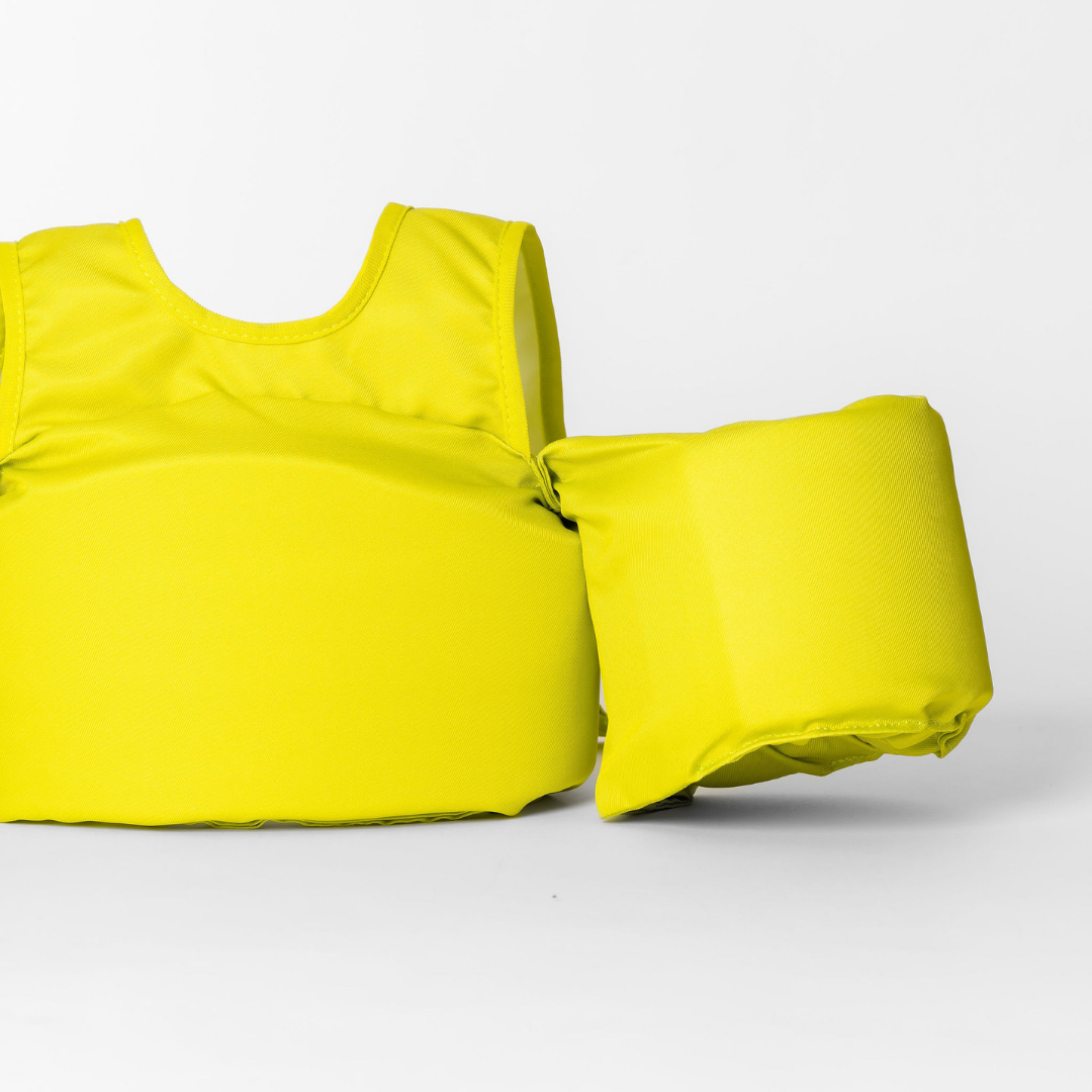 Close-up of Lemon Lime kids swim float chest panel and foam arm wing