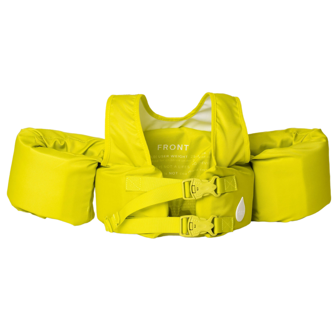 Back of Lemon Lime kids swim float showing adjustable straps and double buckles