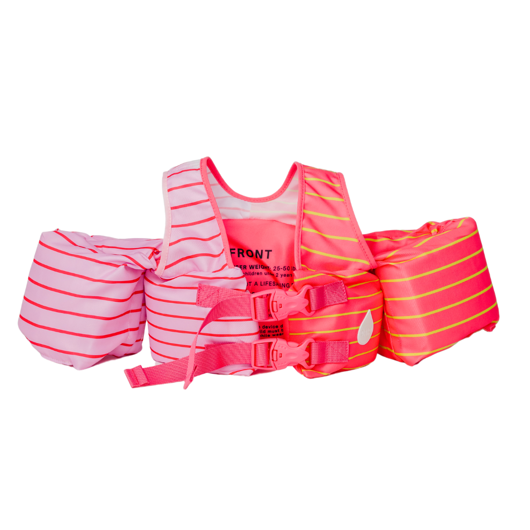 Back view of Pink Lemonade Stripe kids swim float with adjustable straps and double buckles
