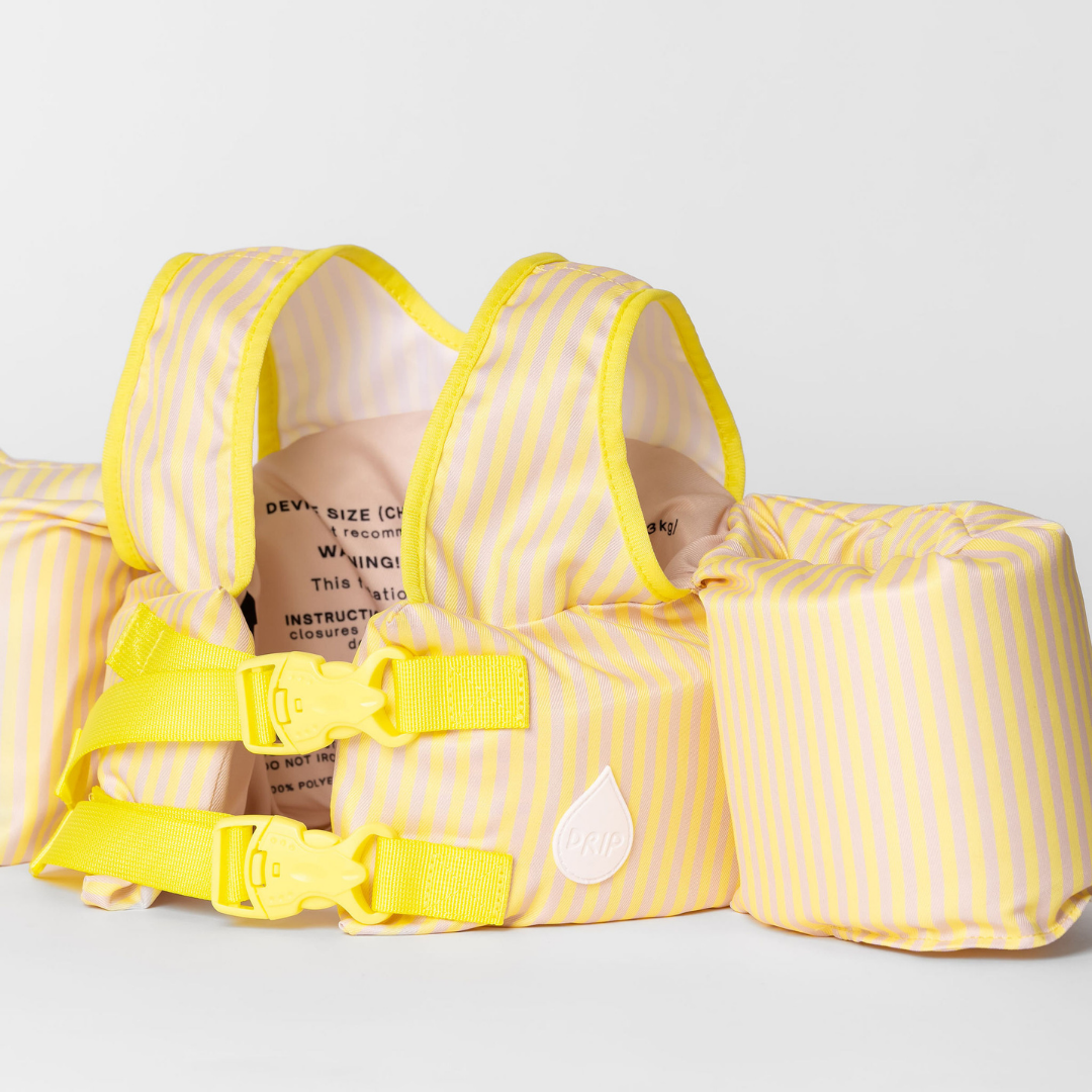 Yellow Stripe kids swim float showing adjustable back straps, double buckles and arm wings