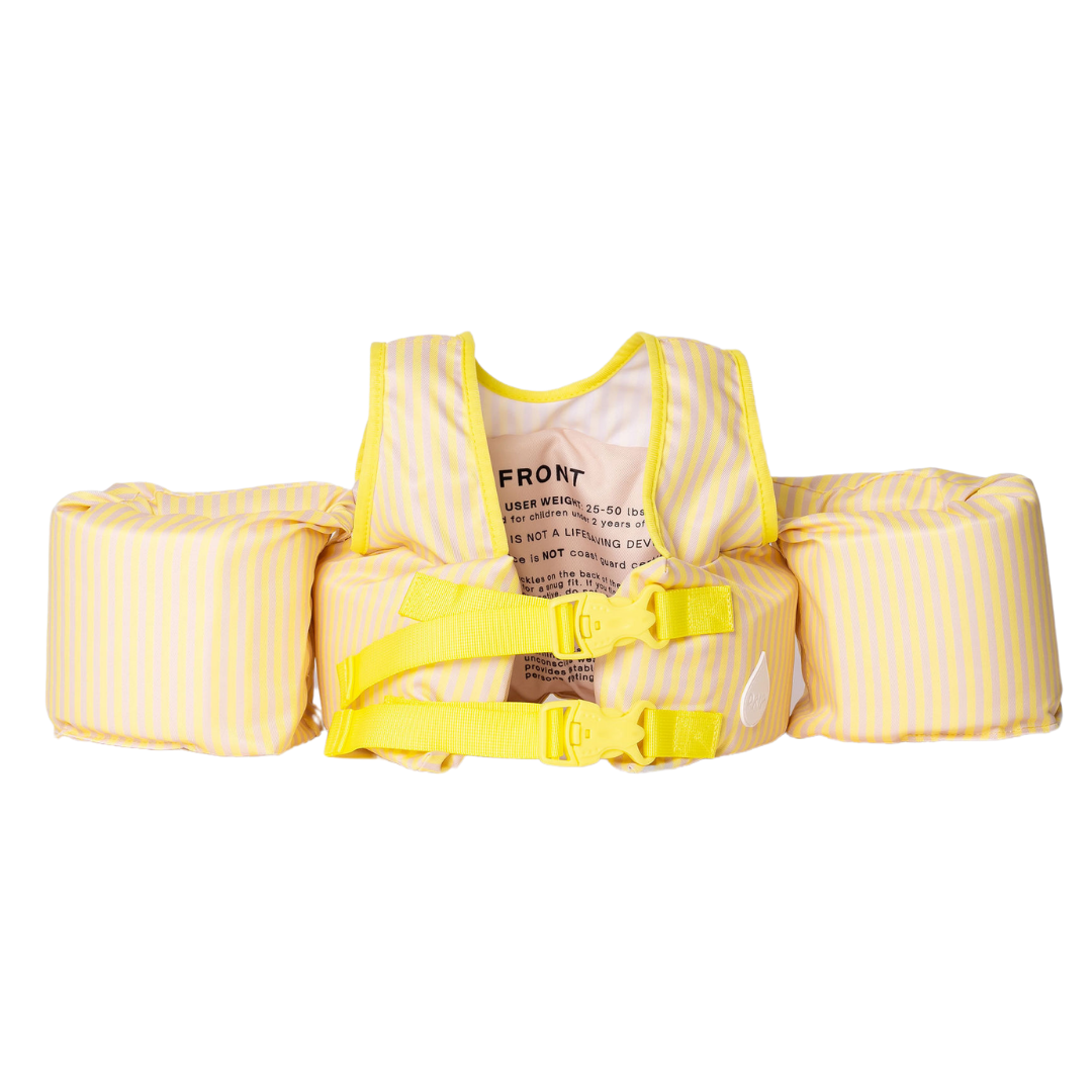 Back view of Yellow Stripe kids swim float showing adjustable straps and double safety buckles